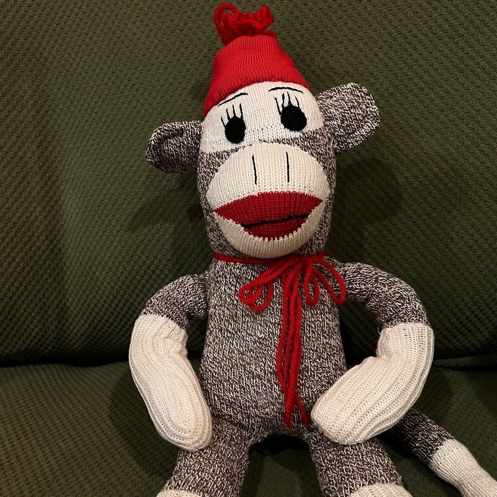 Maxx The Sock Monkey Stuffed Animal Plush Knit Heathered Brown Red Hat - Picture 4 of 7
